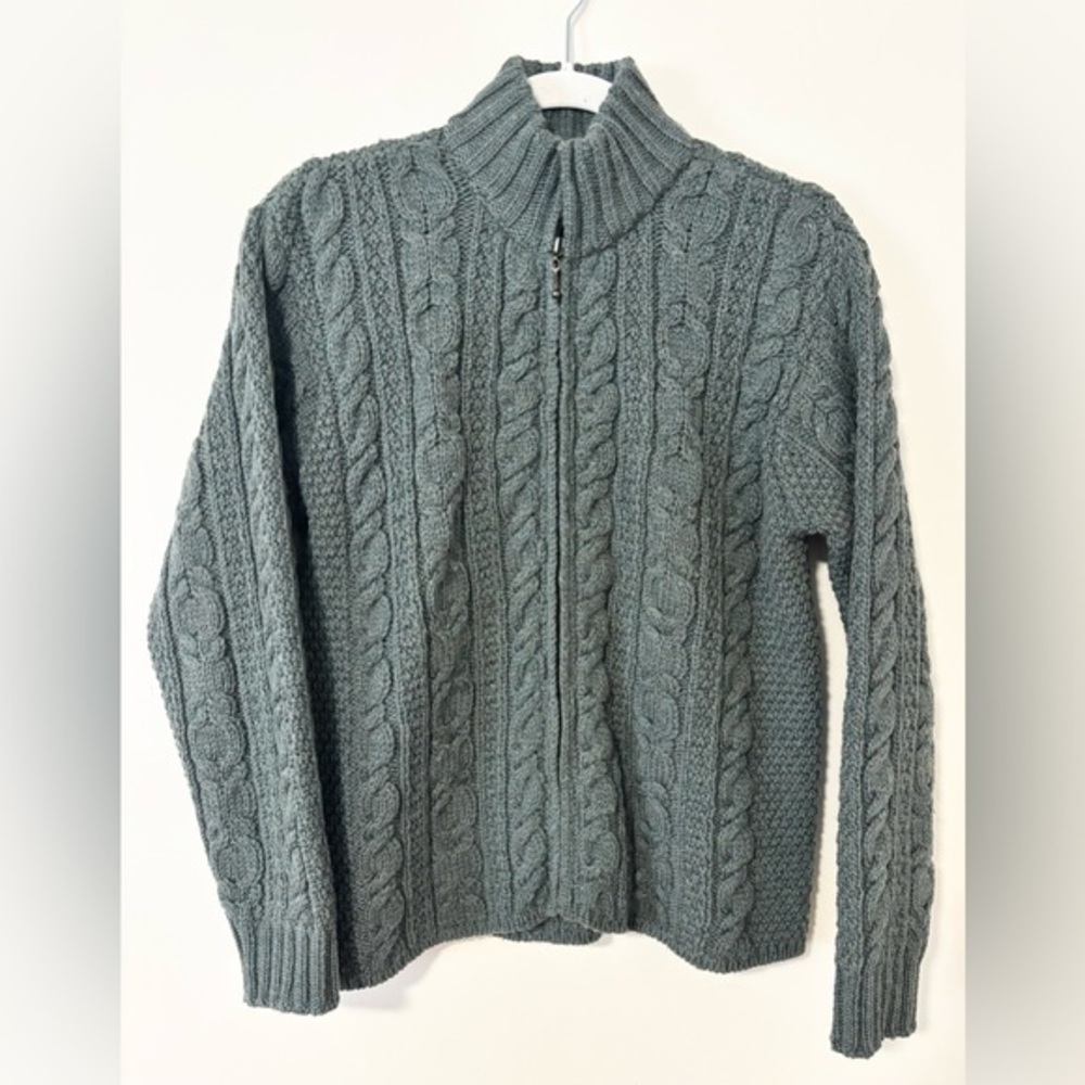 Aran Crafts Dark Green 100% Merino Wool Fisherman Sweater